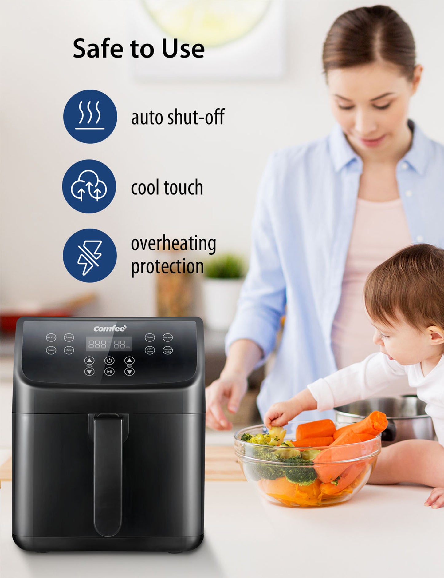 mother and baby eating vegetables out of a bowl next to a digital air fryer