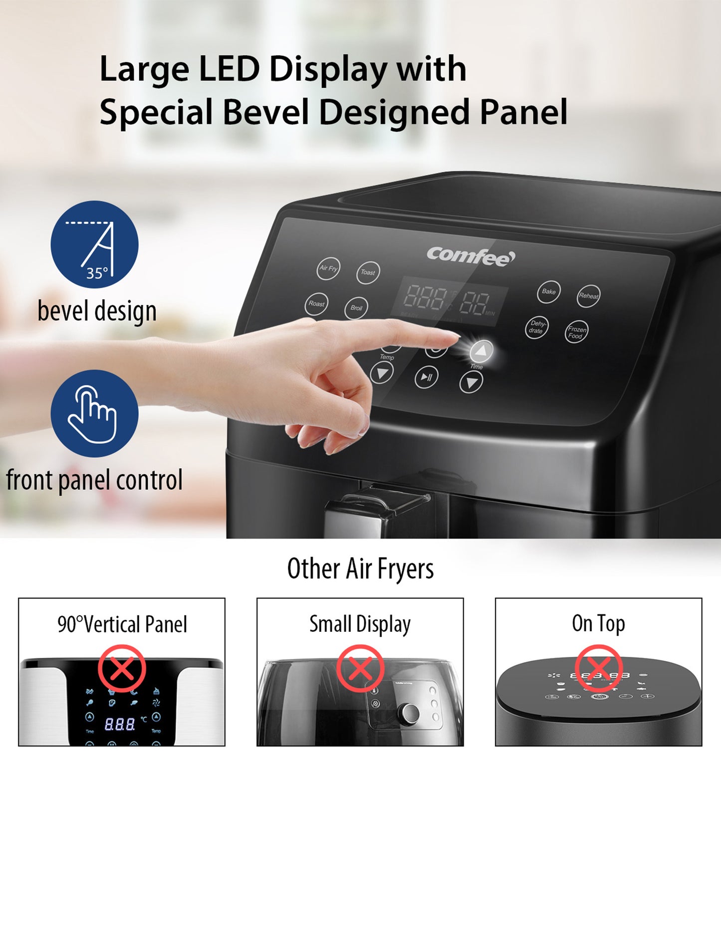 hand touching button on digital air fryer