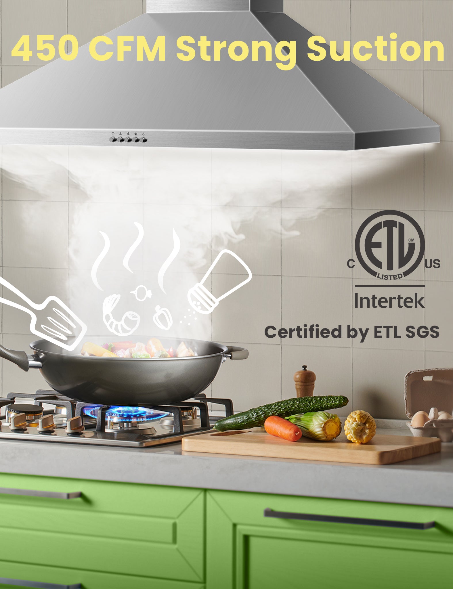 stainless steel ducted range hood taking in smoke from a pot cooking food on a stove