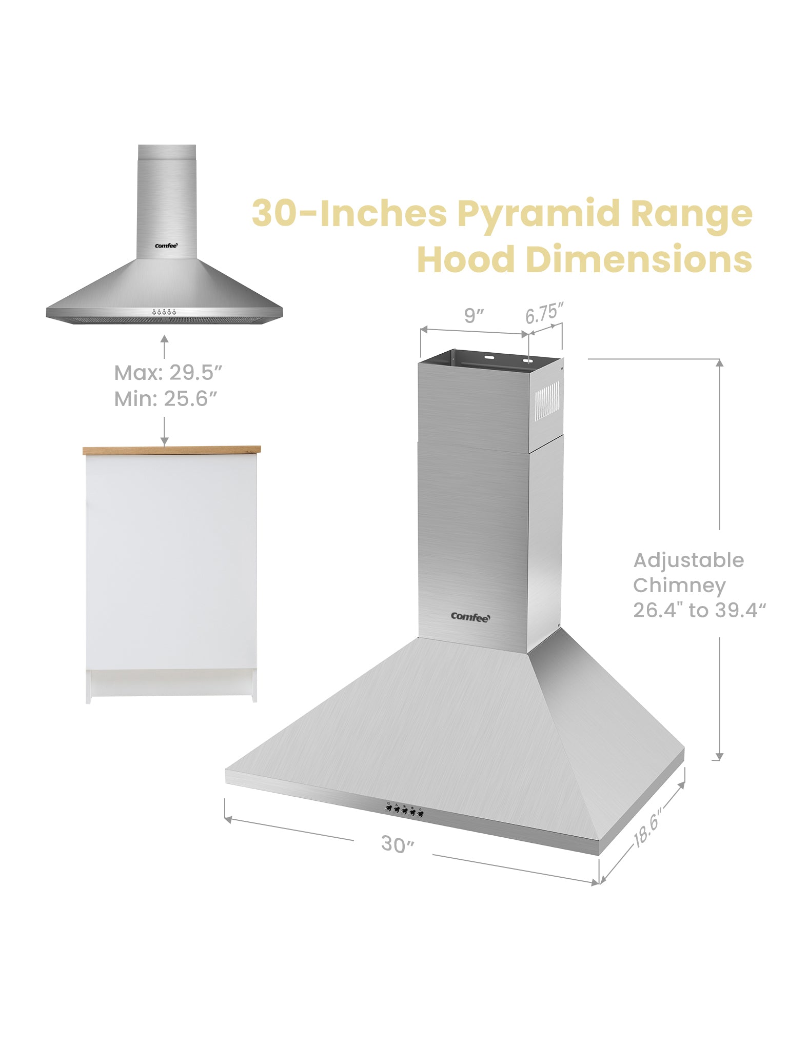 measurements of the comfee pyramid ducted range hood