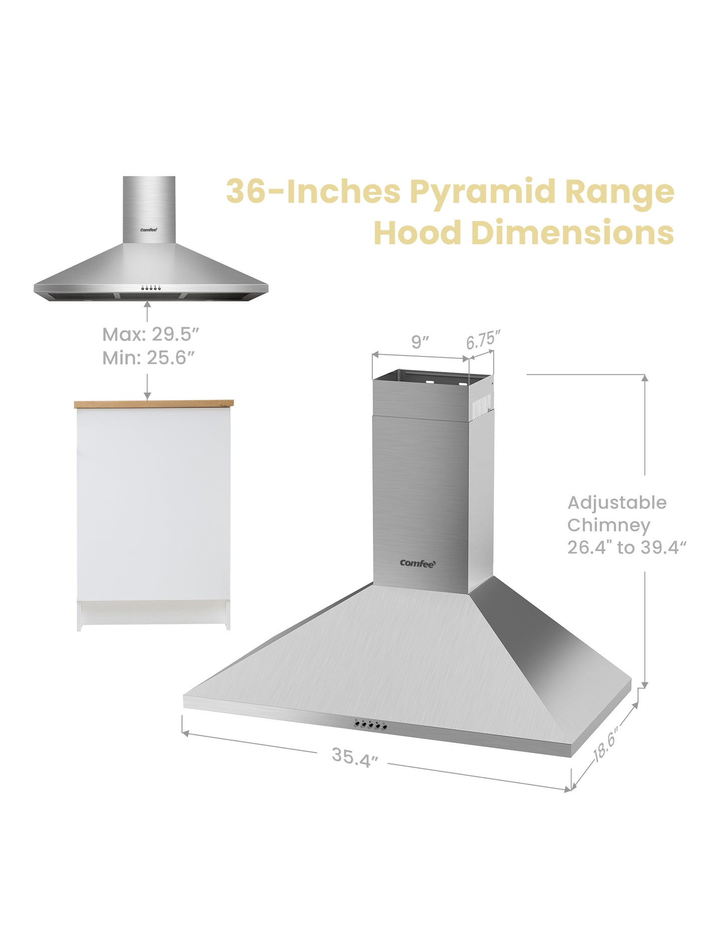 measurements of the comfee ducted pyramid range hood