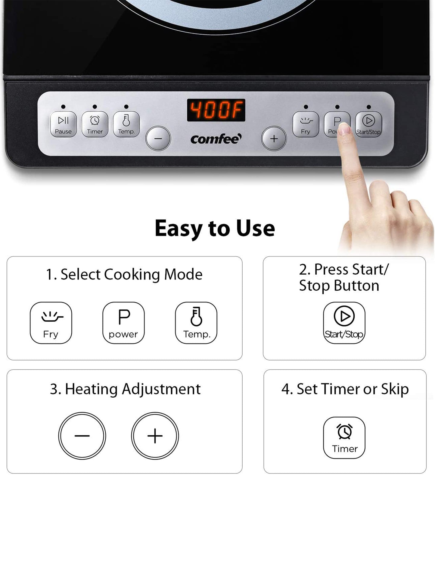 hand touching button on comfee electric induction cooktop