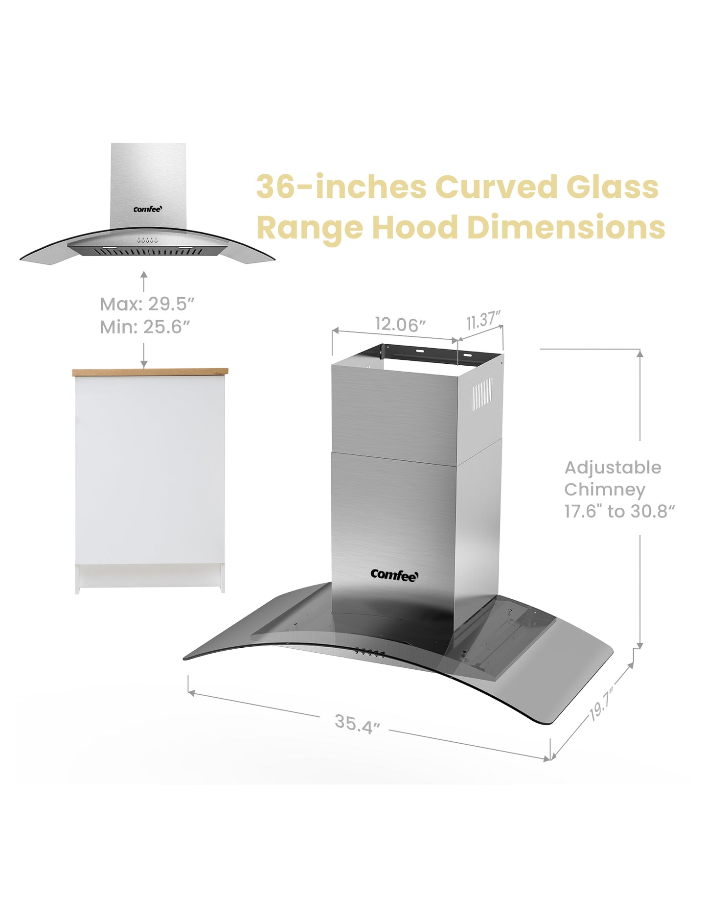 size dimensions of the comfee curved glass range hood