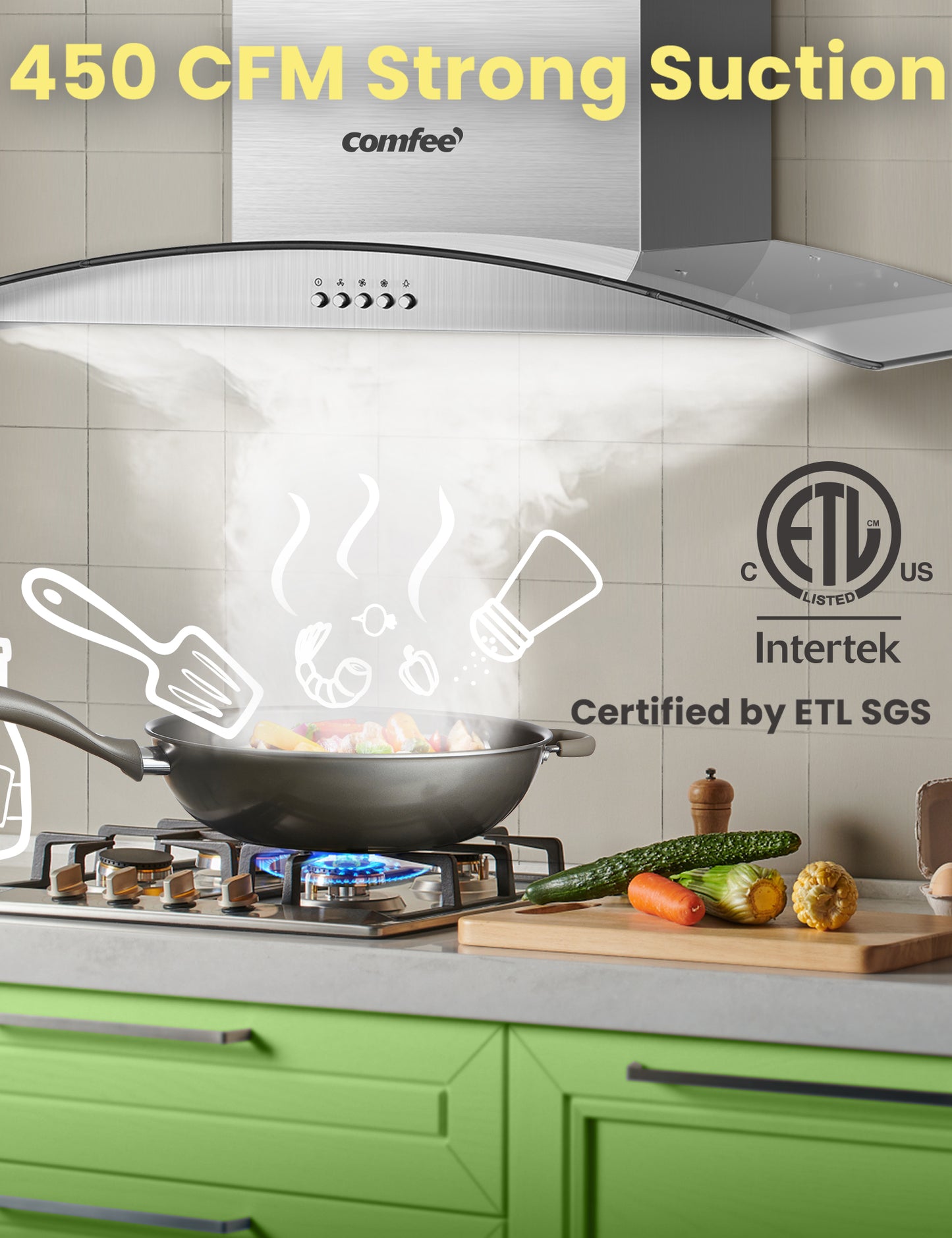 wall mounted range hood sucking steam from a cooking pot