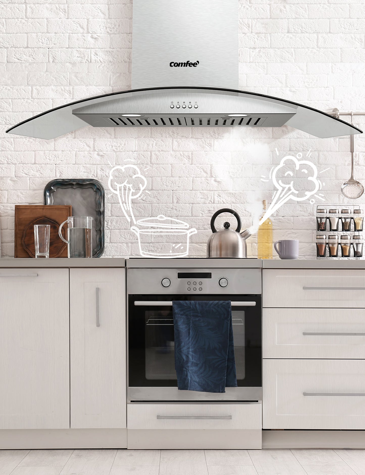 curved glass ductless range hood vent in a white modern kitchen