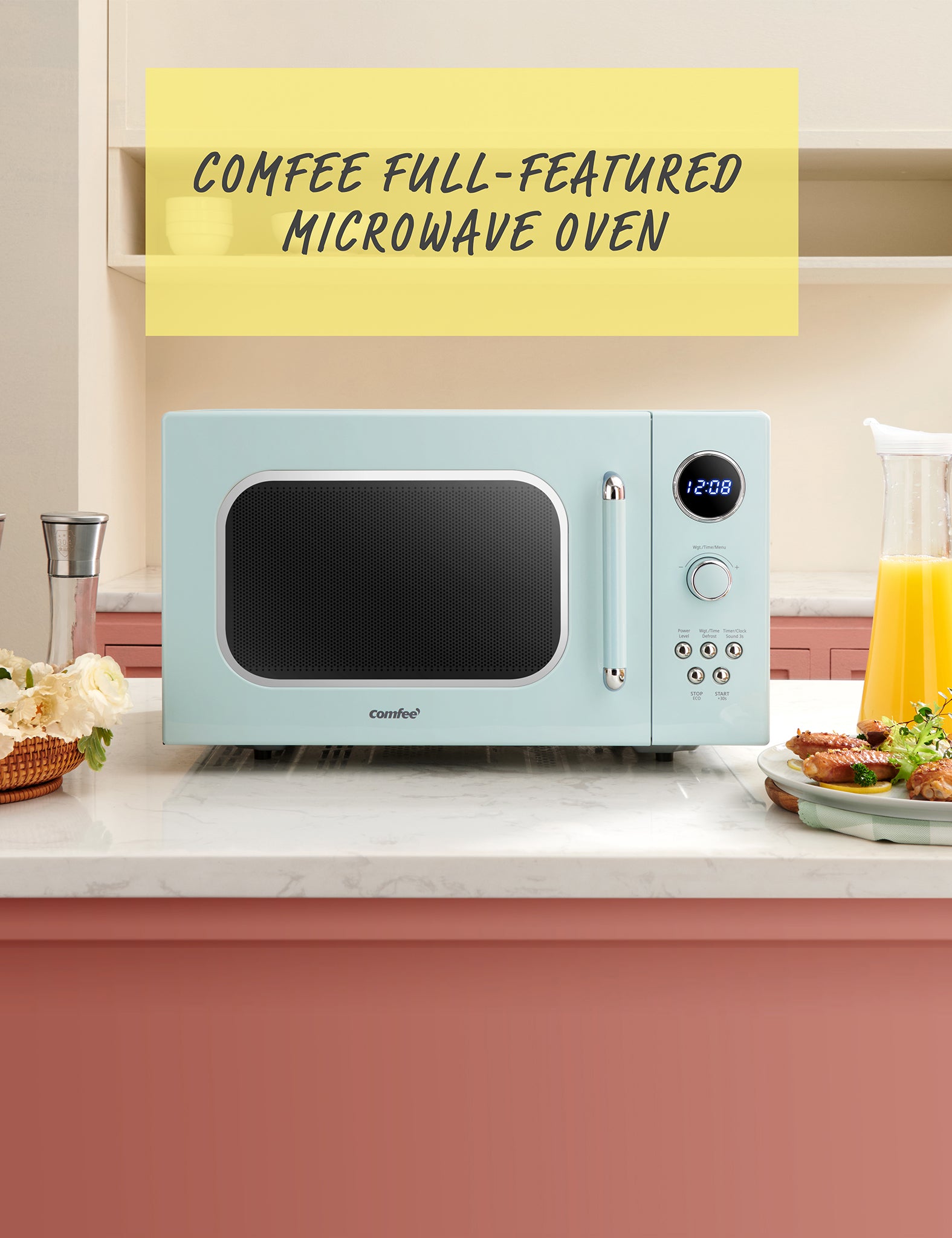 comfee retro microwave on kitchen countertop next to drink and plate of meat