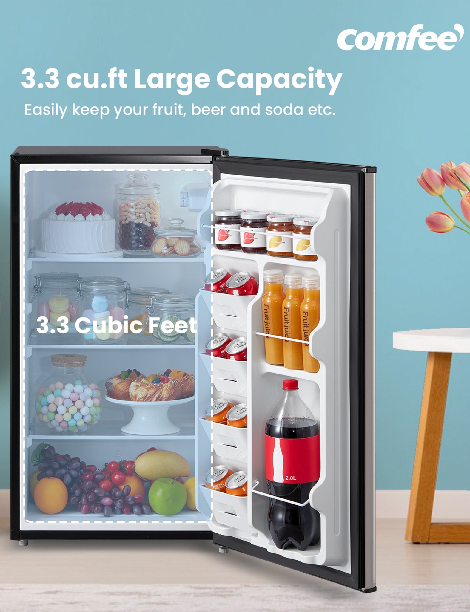 open comfee fridge with drinks fruits and snacks inside