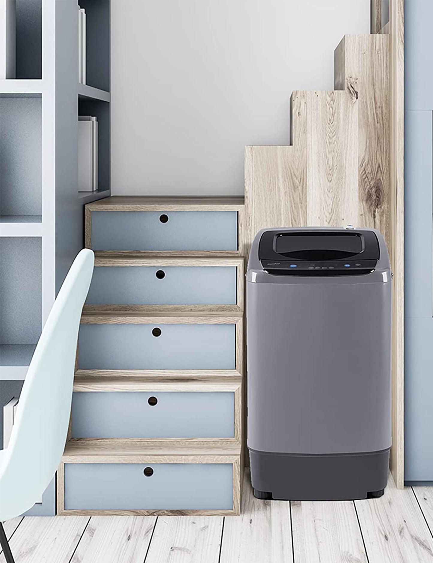 grey portable washing machine in modern interior next to a staircase