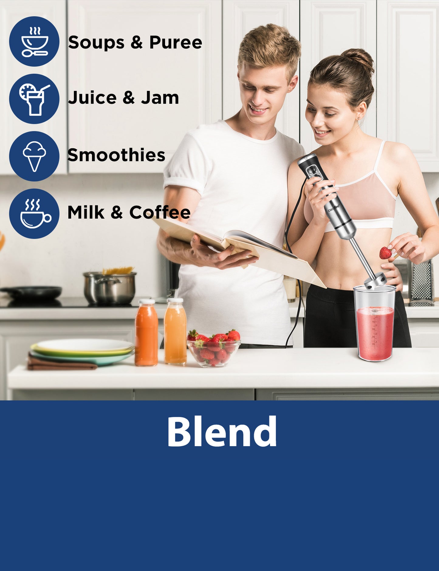 man and woman reading a recipe book white using a immersion blender