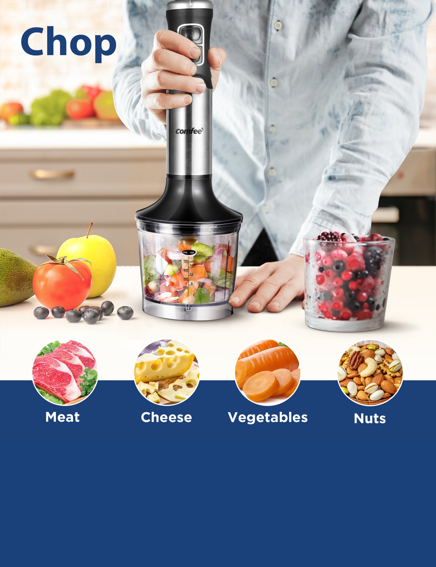 man using the comfee immersion hand blender to chop vegetables