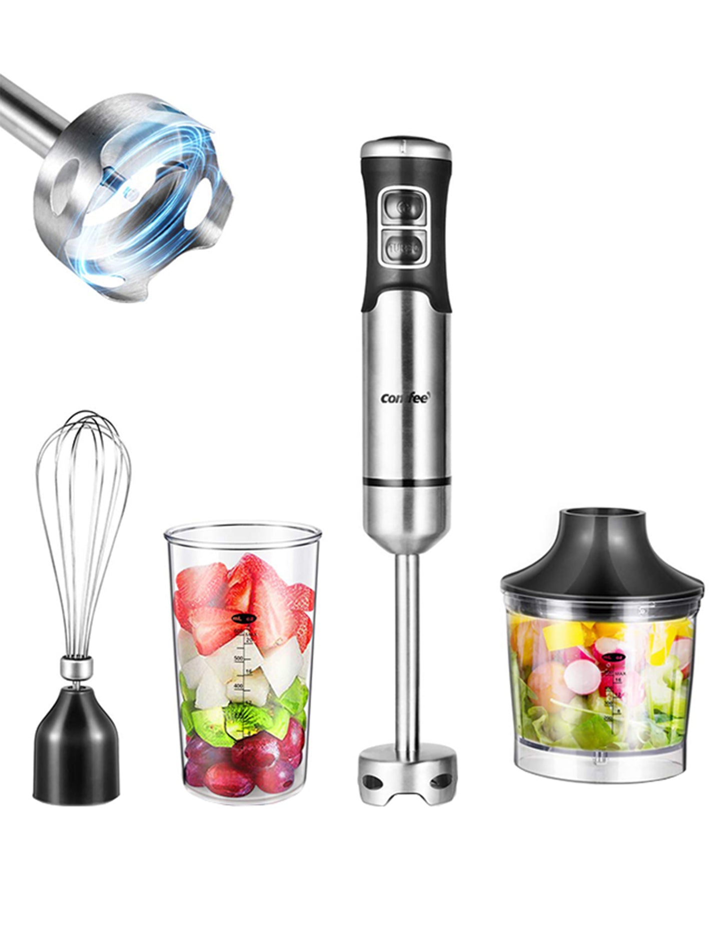 silver immersion blender next to a cup of vegetables
