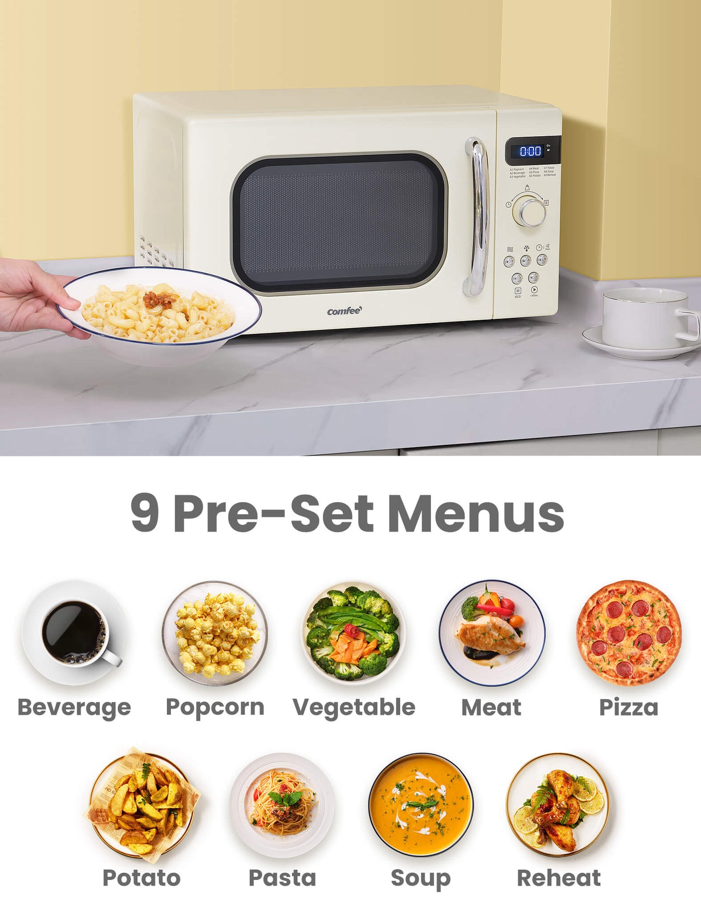 9 pre-set menus of comfee microwave oven