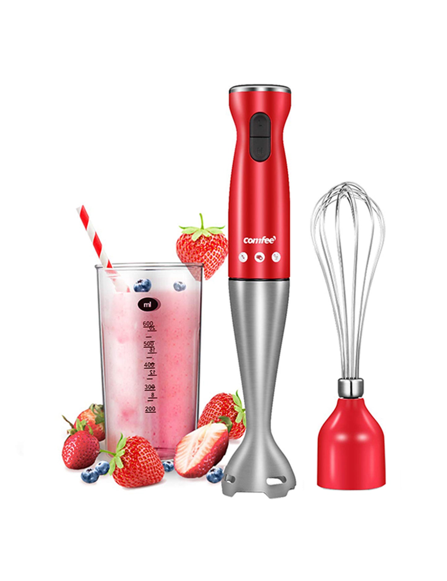 red comfee electric hand blender next to a cup of tomato juice and a whisk head