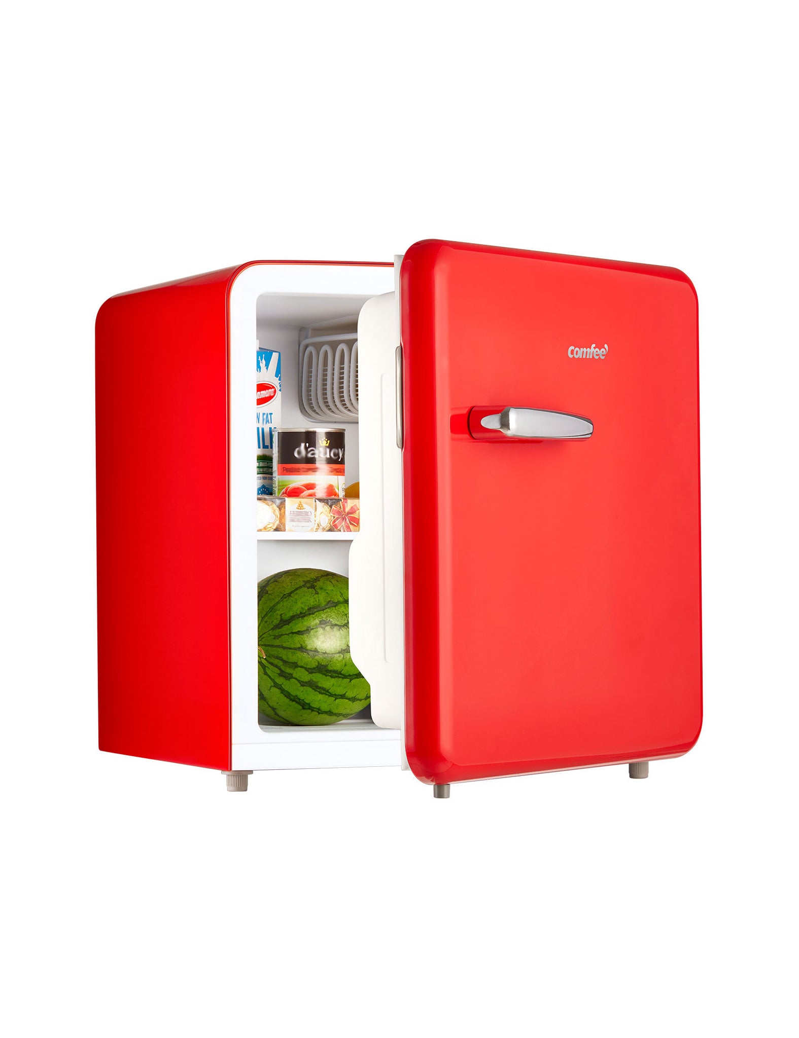 half open retro style comfee mini refrigerator with a watermelon inside