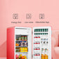 open compact fridge with drinks and food inside