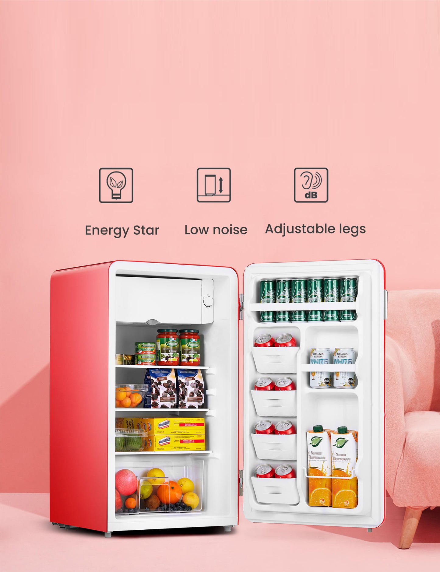 open compact fridge with drinks and food inside