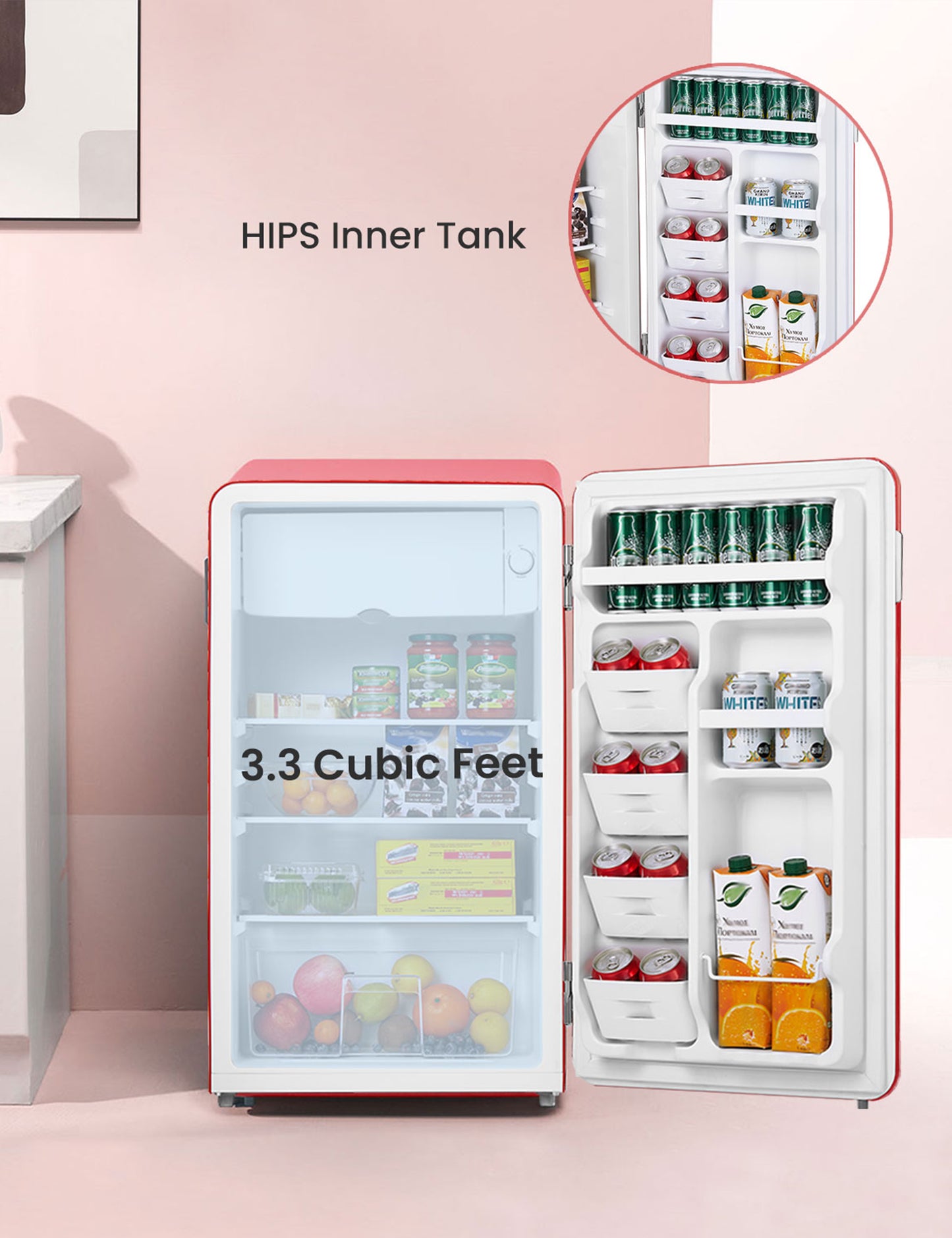 small open fridge with drinks and fruit inside in a stylish pink interior