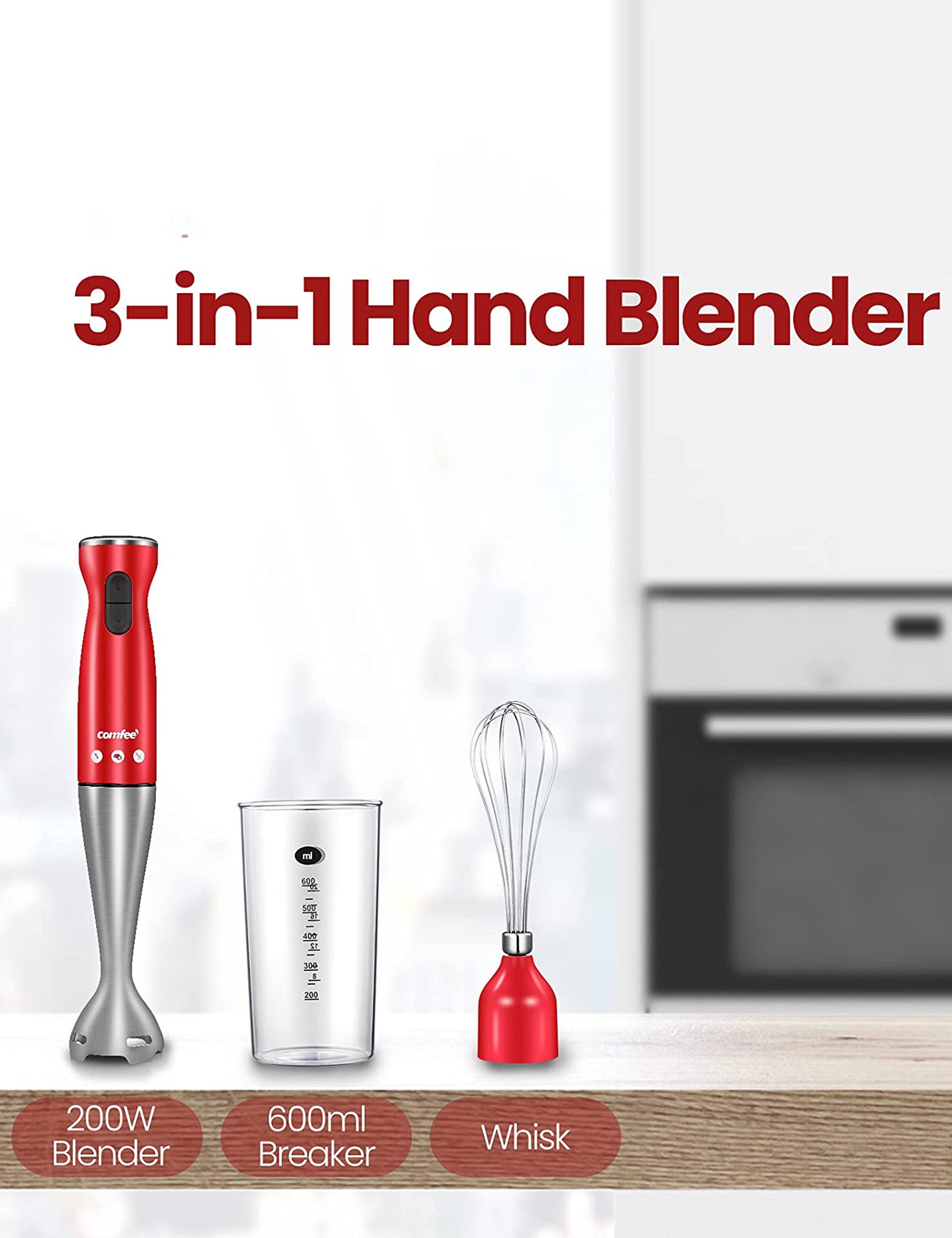red comfee immersion hand blender on the kitchen table