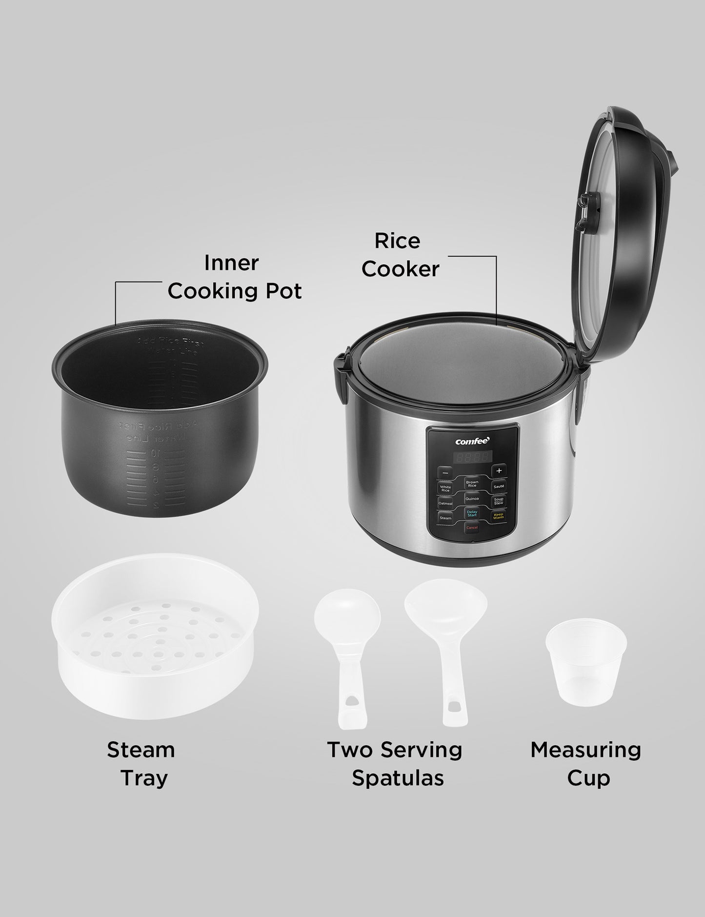 everything included with the comfee stainless steel rice cooker