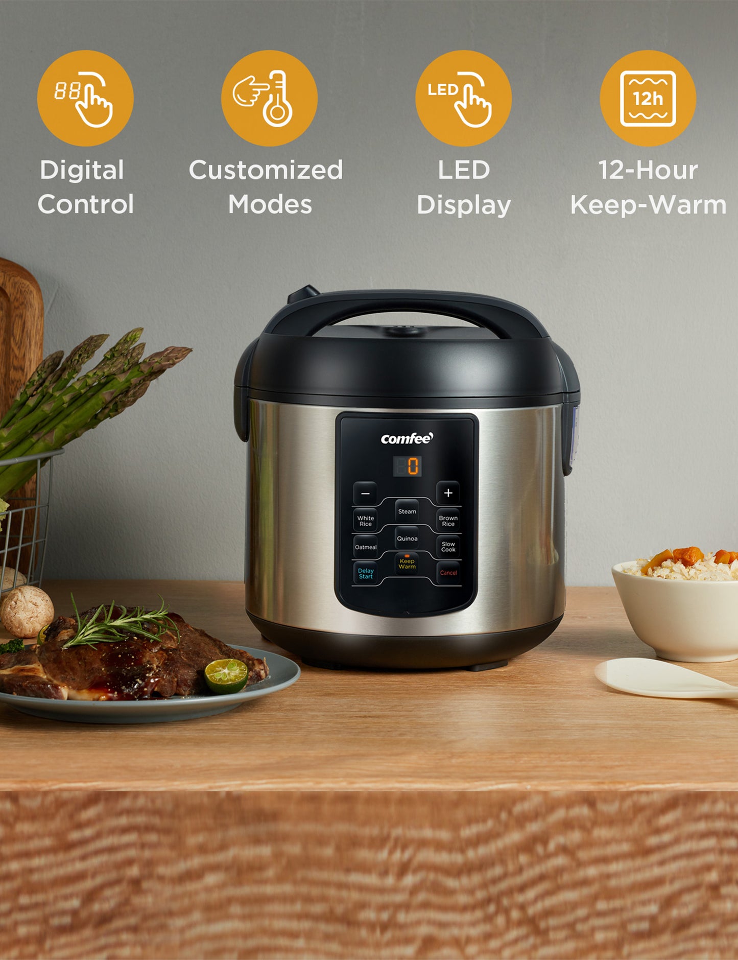 comfee rice cooker next to a cooked steak on a plate and a bowl of rice