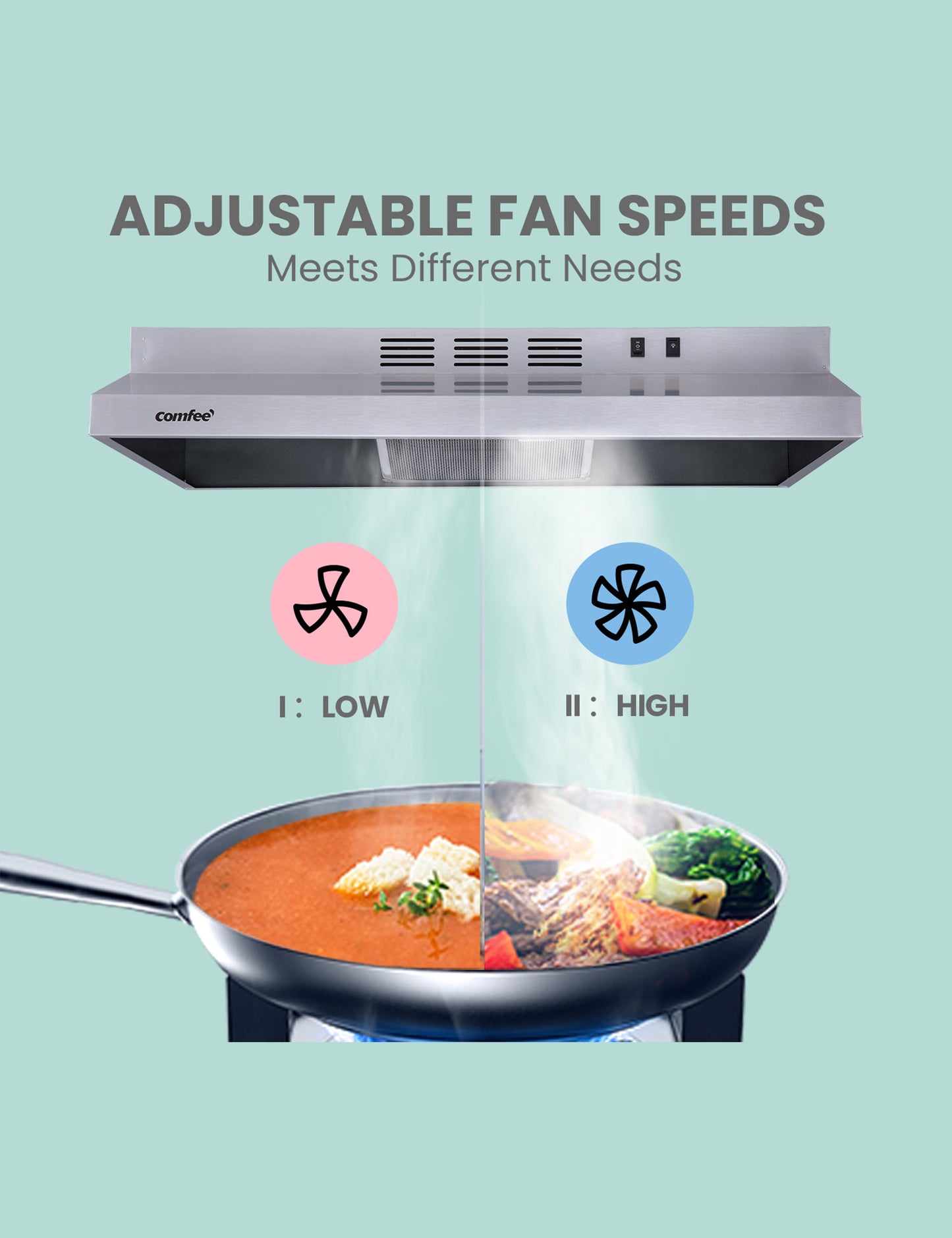 comfee under cabinet range hood high and low fan speeds