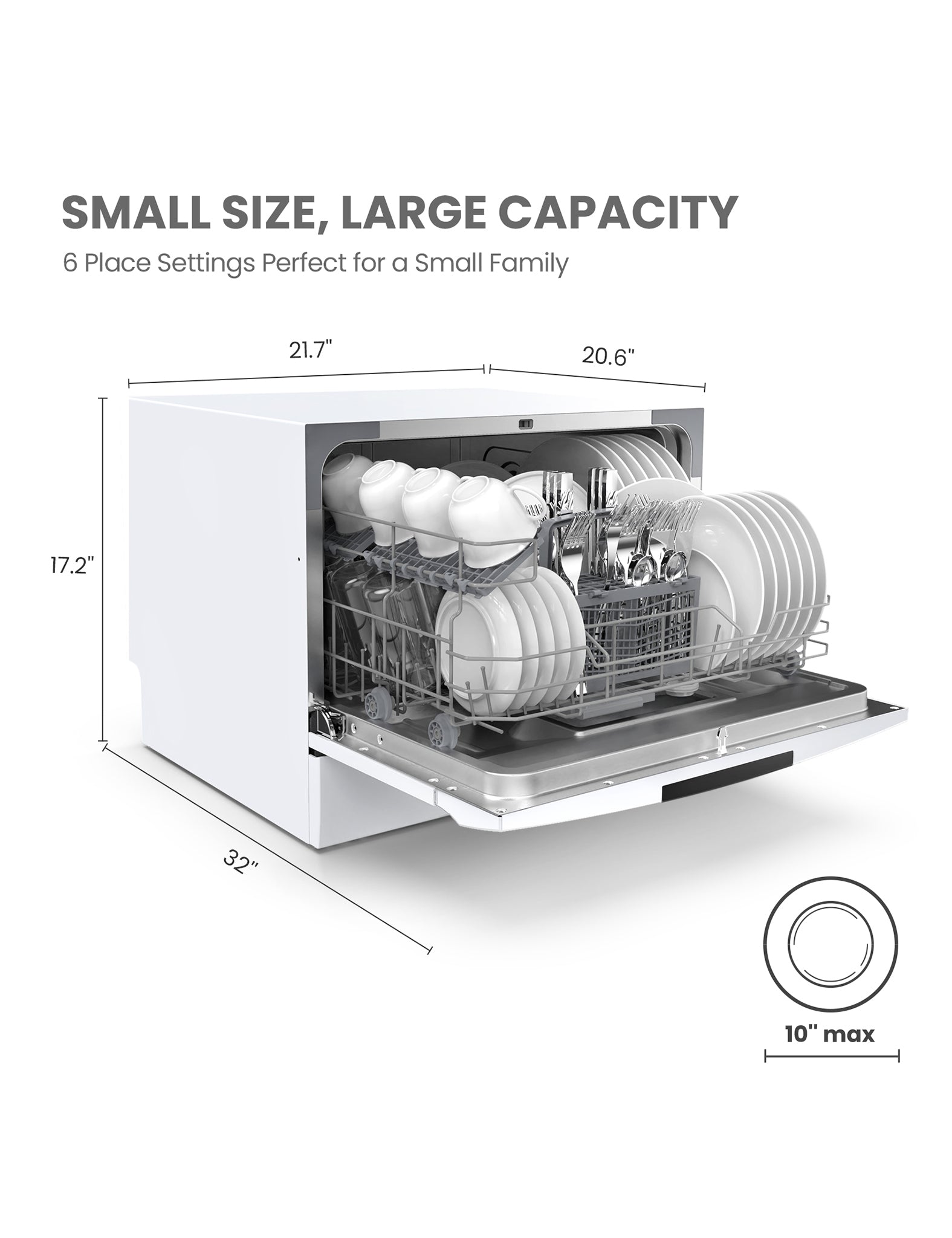 dimensions of comfee portable countertop dishwasher with opened with internal rack fill with tableware