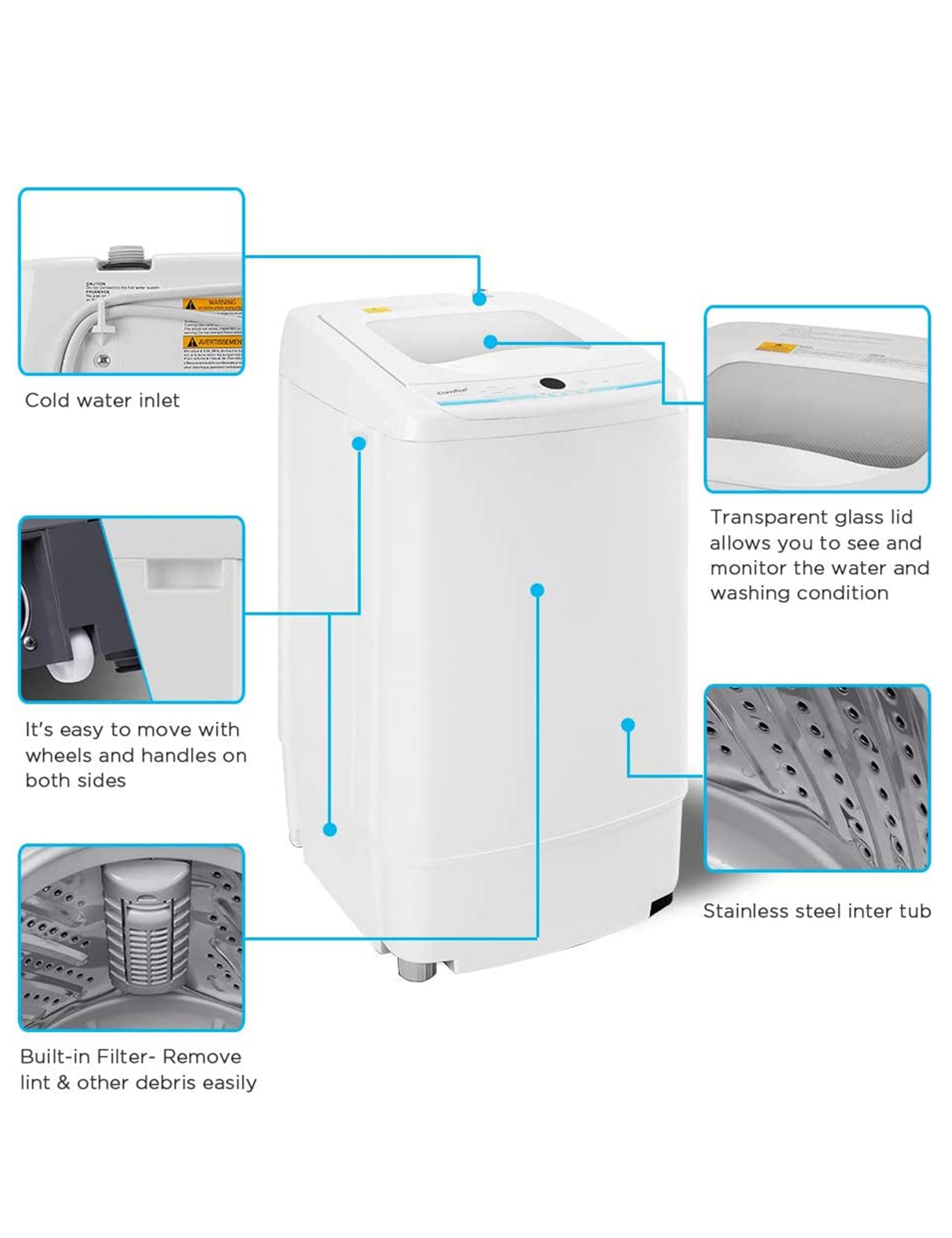 key features of white comfee portable washing machine