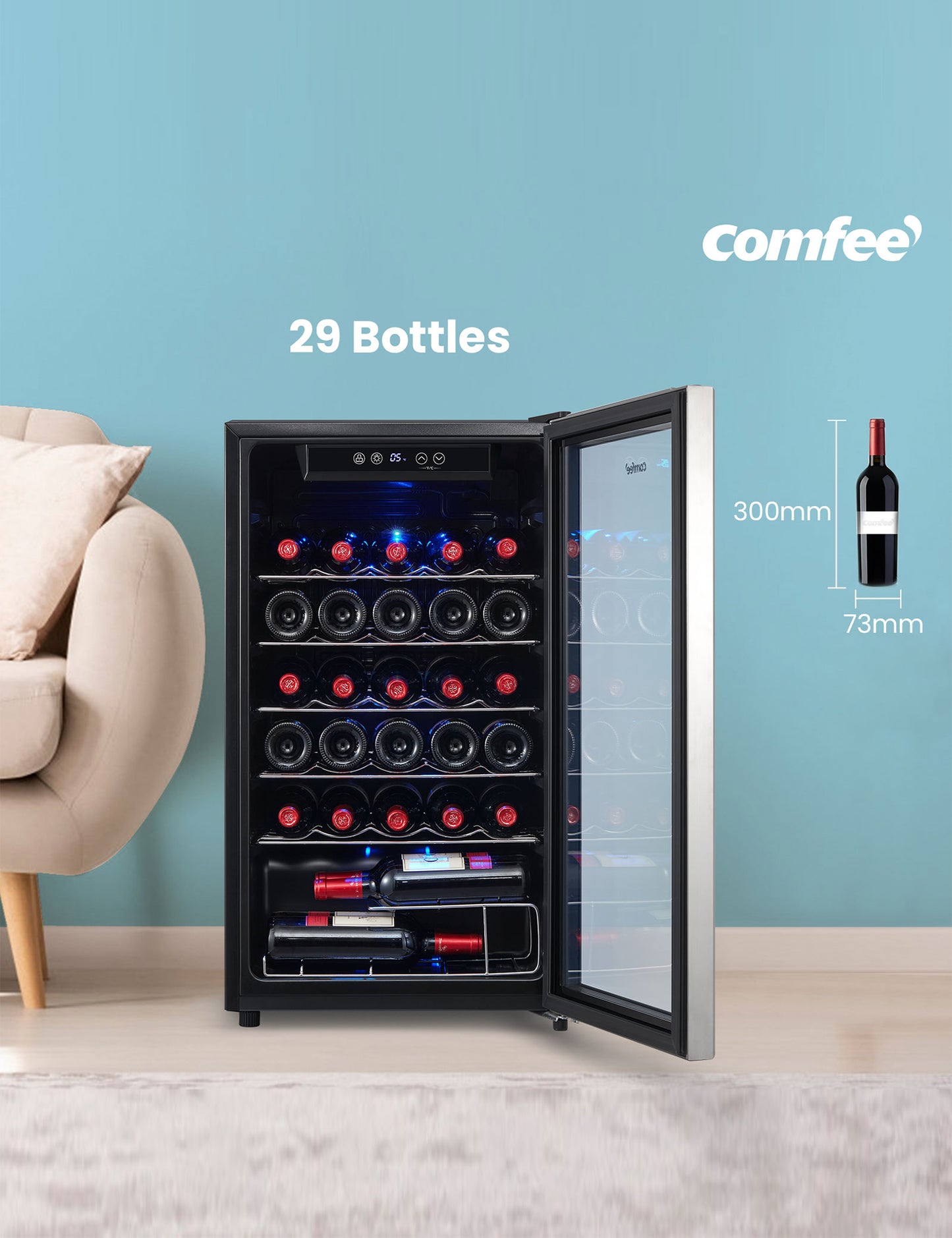 open wine cooler fridge filled up with wine bottles
