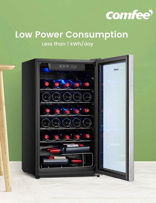open wine cooler refrigerator filled up with wine bottles