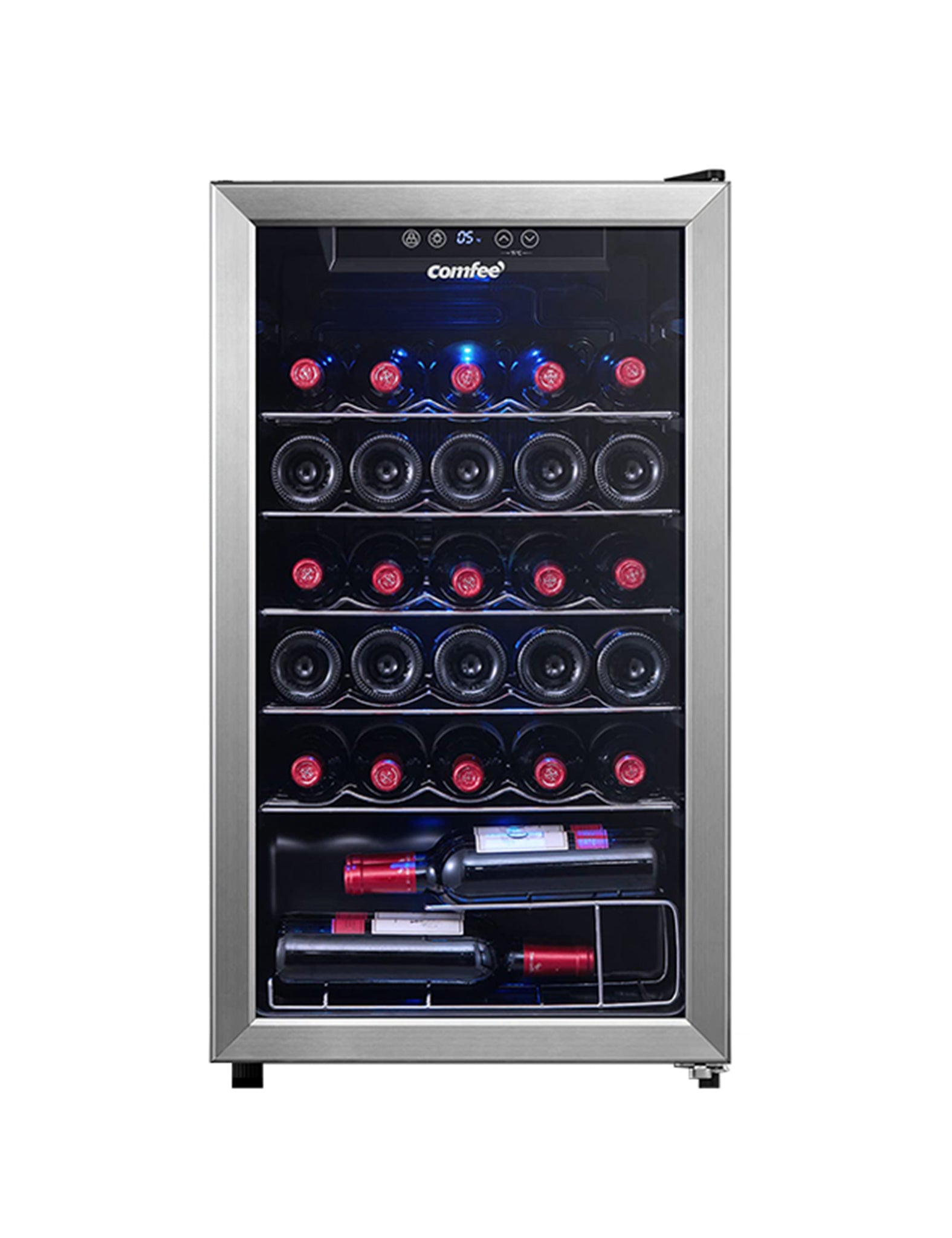 wine cooler refrigerator with wine bottles inside